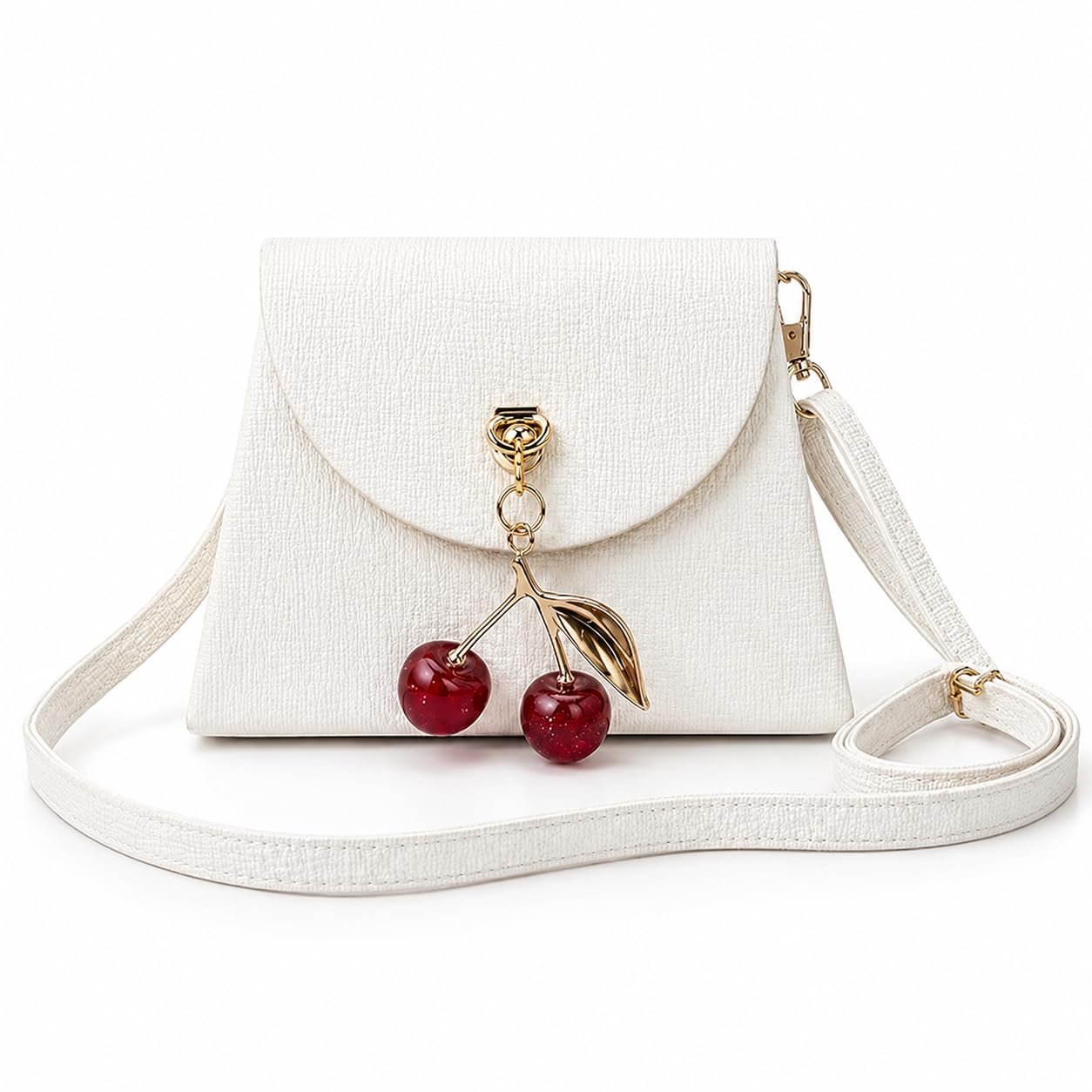 Women's Mini Crossbody Sling Bag, Textured PU Leather Shoulder Purse with Cherry Pendant Charm, Adjustable Strap, Magnetic Flap Closure, Compact Fashion Handbag for Girls & Women (Cream White)-image-3