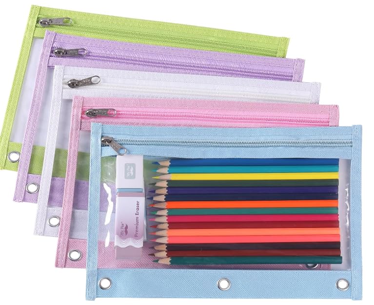 Image of Mr. Pen- Pencil Pouch for 3 Ring Binder, 5 Pack, 10 inchx7 inch, Smooth Zipper | Clear Window, Large Capacity Pencil Case with 3 Reinforced Grommets for School, Office, Supplies Storage | Clear Window, Large Capacity Pencil Case with 3 Reinforced Grommets for School, Office, Supplies Storage