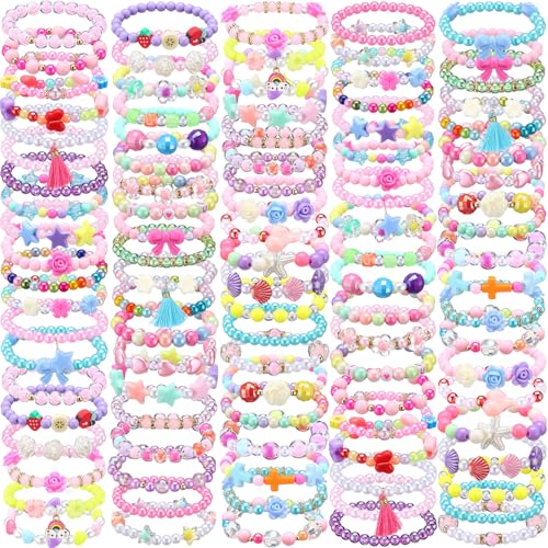 Ecally 50 Pcs Kids Bracelets for Girls Bulk Colorful Beaded Bracelets Little Girls Party Favors Easter Birthday Jewelry Gift for Kids Toddler