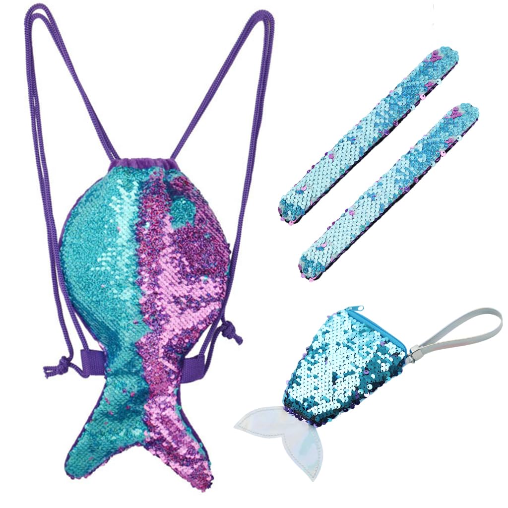 Drawstring Backpack Kids Drawstring Bags，Magical Mermaid Tail Drawstring Backpack with Adjustable Shoulder Strap Girls Waterproof PU Cute Bags& Small Purse