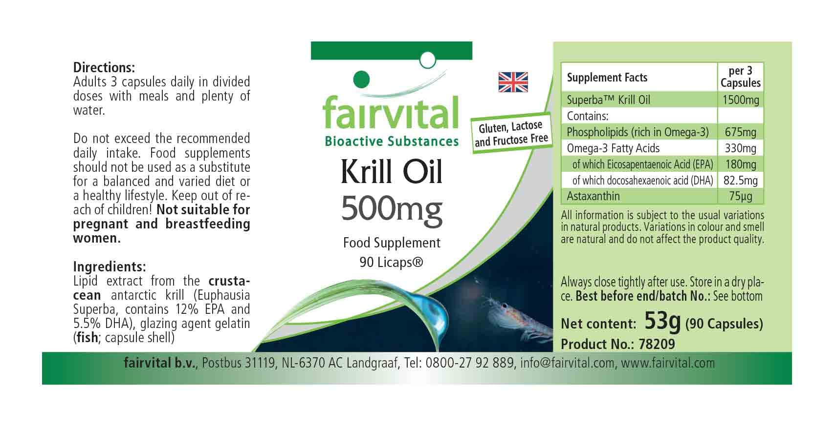 fairvital Capsules d'huile de krill 500mg, 90 LiCaps®, HAUTEMENT DOSÉ, Superba Antarctique, riche en EPA et DHA