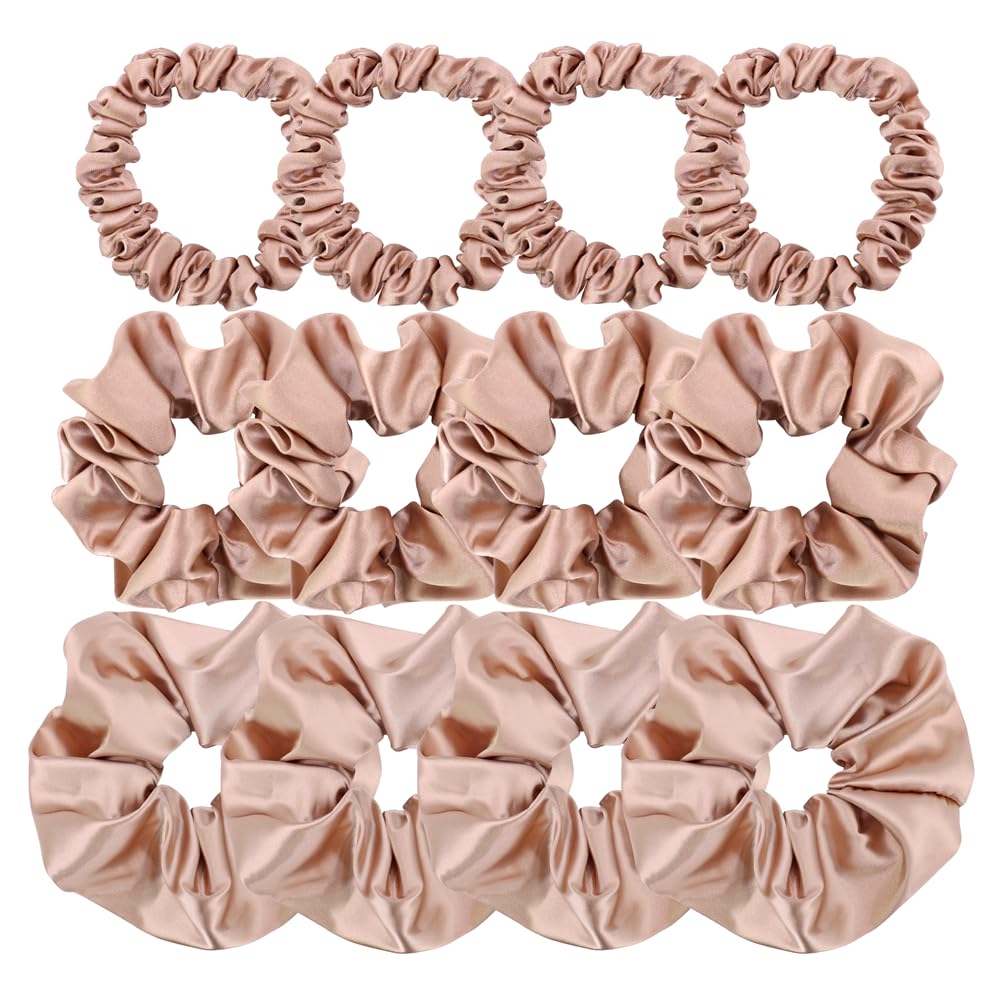 Pack of 12 Premium Satin Silk Scrunchies Hair Ties for All Hair Type Women Girls Ponytail Holder Elastic Hair Bands Scrunchy Accessories (Mix 3 Sizes Natural)
