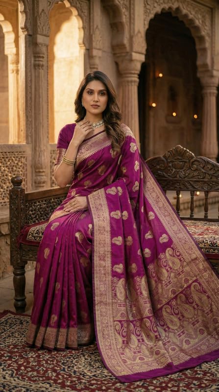 Image of C J Enterprise Women's Pure Soft Silk Saree With Blouse Piece For Wedding (KeriLichi)