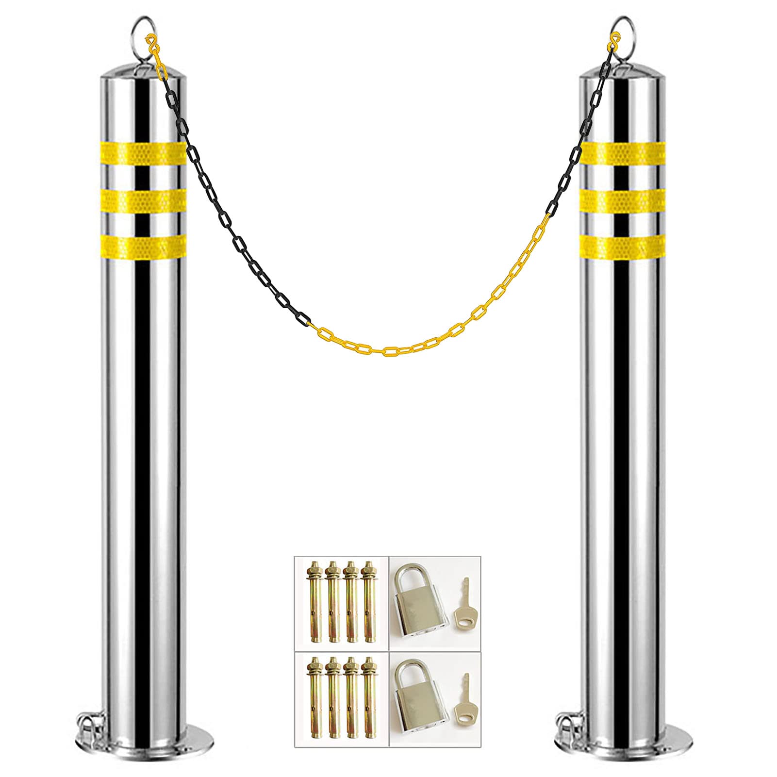 WDSOPK 2 Pcs Bollard Post with Chain and 4 Expansion Bolts,Stainless Steel Driveway Parking Barrier for Driveways,Parking Spaces,Forecourts,Construction Sites,Block Off Areas