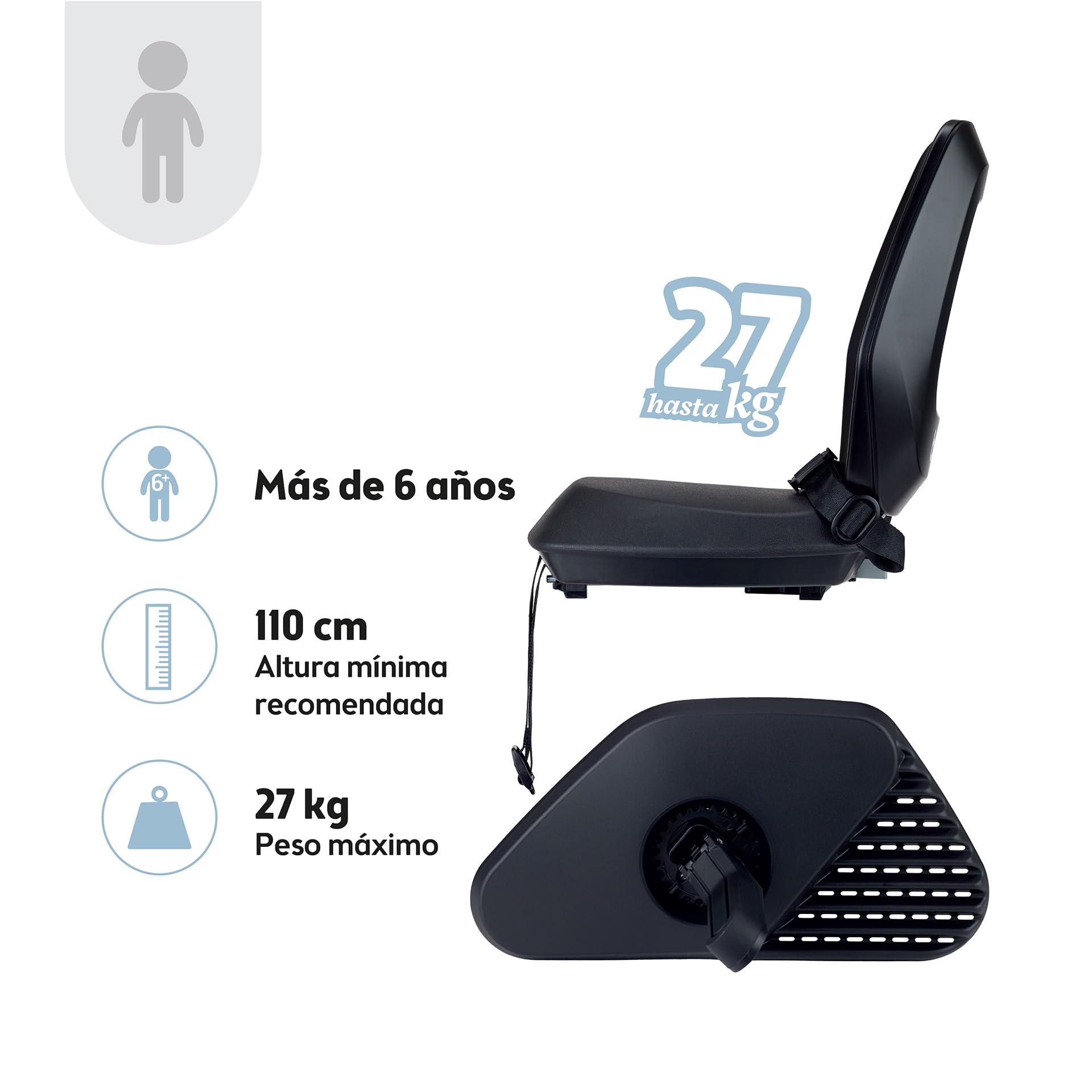 BOBIKE 8011900001 - Silla Bicicleta Trasera para Portaequipajes MIK-HD One Junior, Niños Desde 6 Años, hasta 27 kg, con Reposapiés Retráctiles, Cinturón de Seguridad, Negro