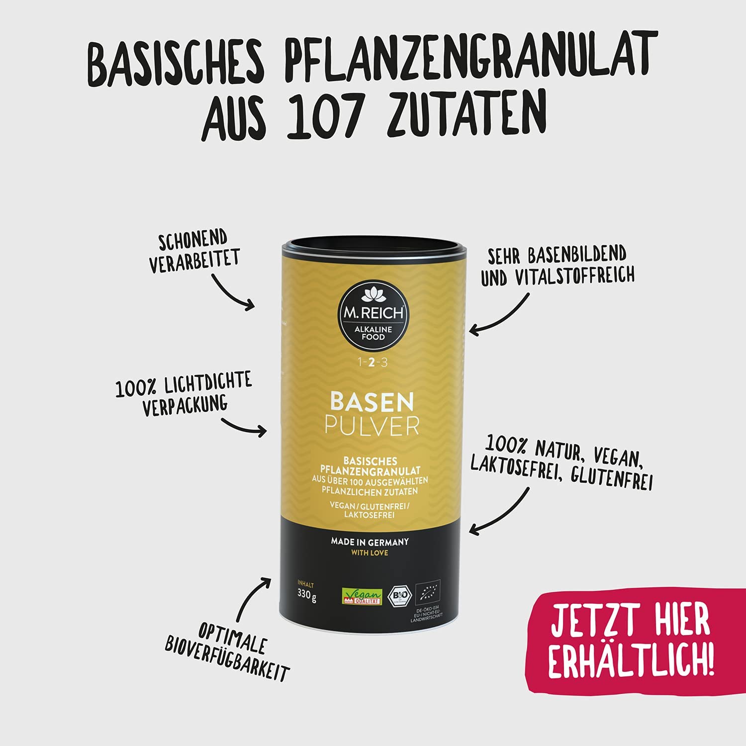 M. Reich - 330 g - BasenPulver mit ausgewählten pflanzlichen Zutaten - Vegan und Bio-Qualität - Basisches Pflanzengranulat