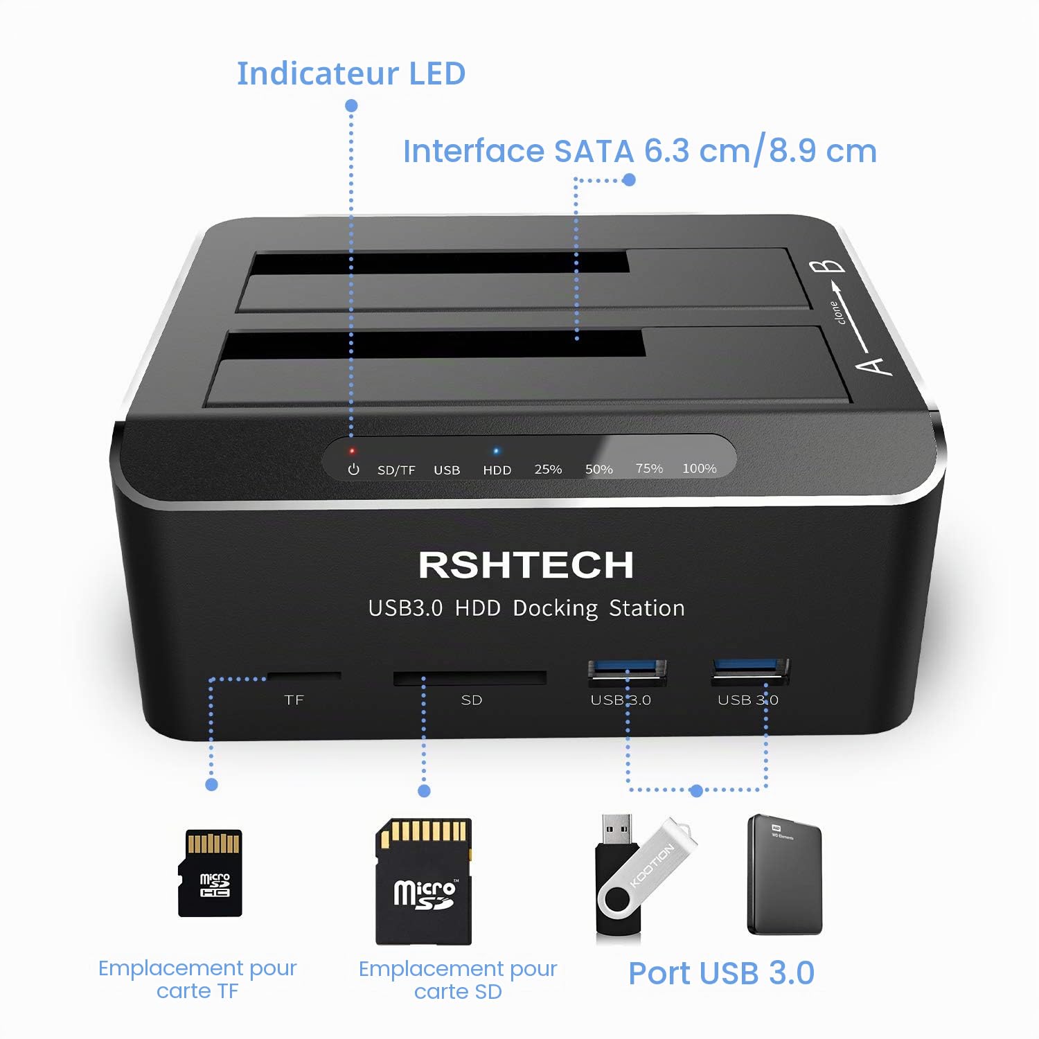 RSHTECH Aluminium Stations d'accueil USB 3.0 Double Baie, Dock Disque pour Disque Dur 2,5"/3,5" SATA HDD SSD, Fonction Clonage Hors Ligne Prend en Charge UASP et 2 x 16 TB, 6 Gbit/s, SD/TF, RSH-DS02