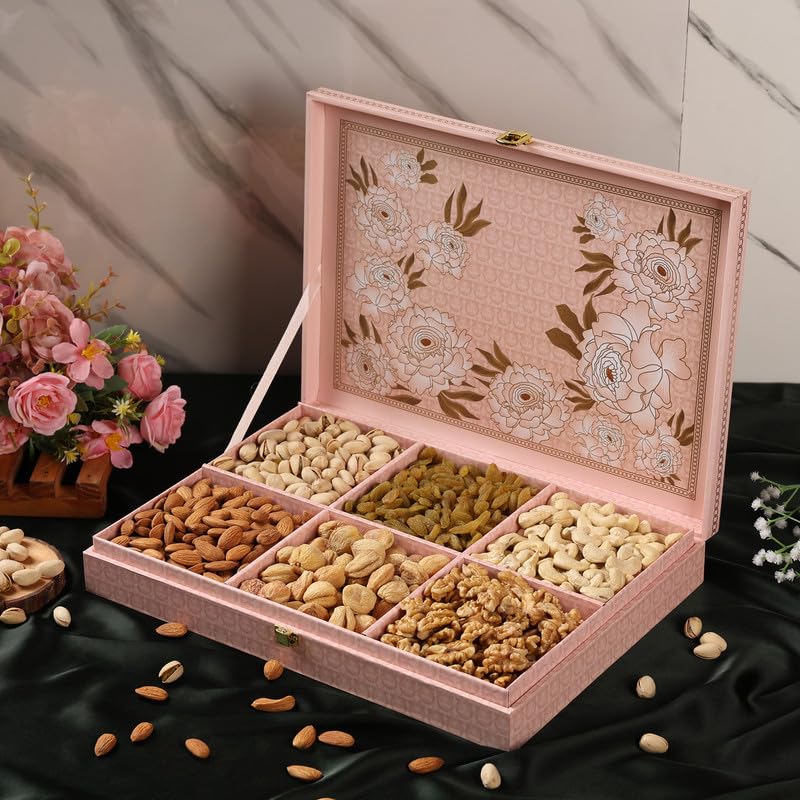Riwaz Luxury Genda Flower Dry Fruit Gift Box | Premium Hamper with Almonds, Cashews, Pistachios, Walnuts, Raisins & Khumani | 6-Section Gourmet Assortment for Corporate, Wedding & Festive Gifting ( 650g )