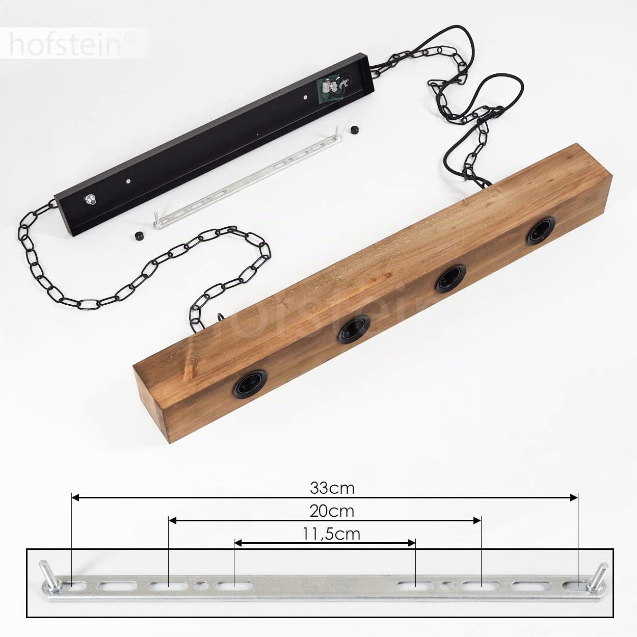 Lampada a sospensione Berat, lampada a sospensione allungata in metallo/legno in nero/marrone scuro, lampada moderna con trave in legno, 4 x E27,senza lampadina/e