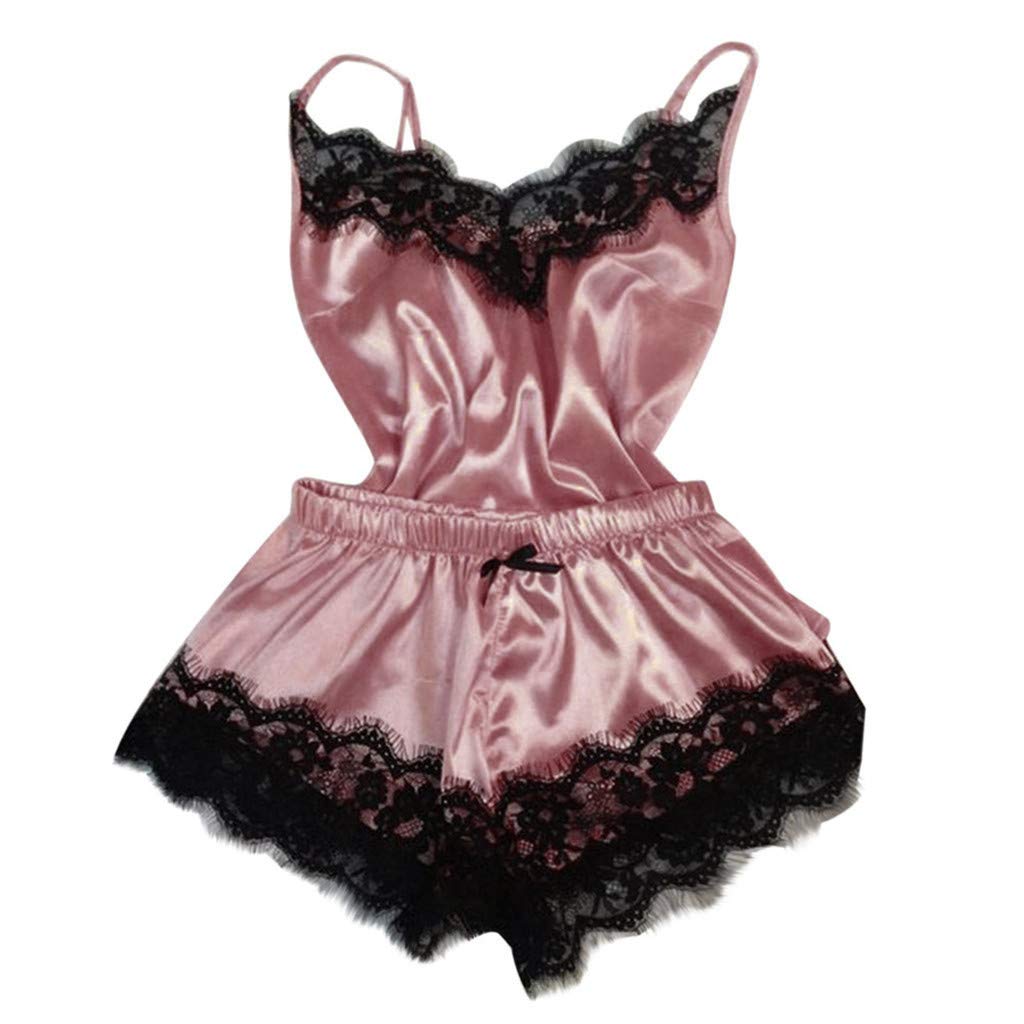 Satin Pajamas Set Sleepwear Womens Sexy Lace Lingerie Cami Tops and Shorts Set Nightwear Silk Two Piece Pjs
