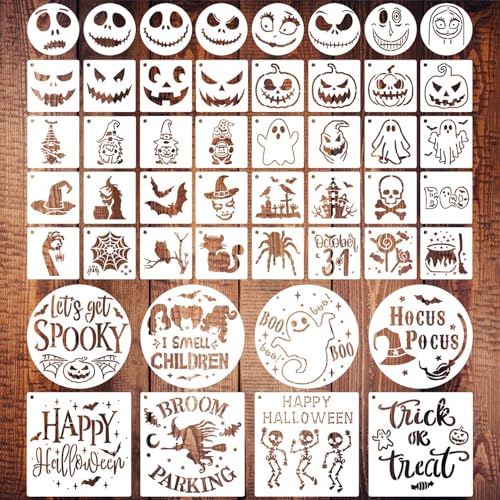 48 PCS Halloween Stencils Reusable, Ghost Bat Witch Spider Pumpkin Stencils for Painting on Wood DIY Crafts Ornaments Wood Slice Halloween Decoration