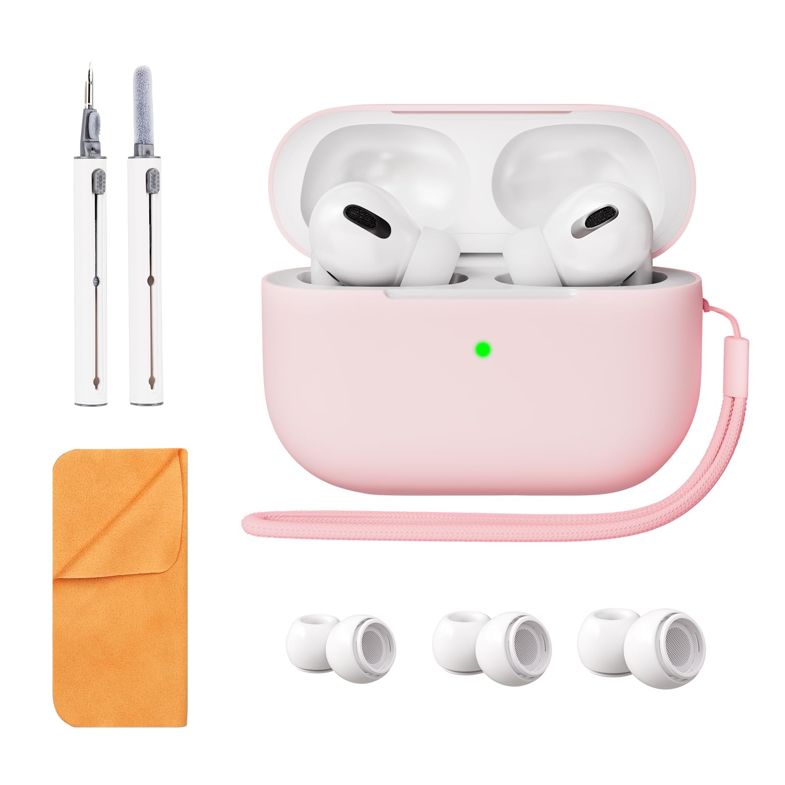 Airpods Pro 2nd Generation Case Cover, Full Protective Soft Silicone, with Cleaner kit and 3 Pairs Replacement Ear Tips, Front LED Visible