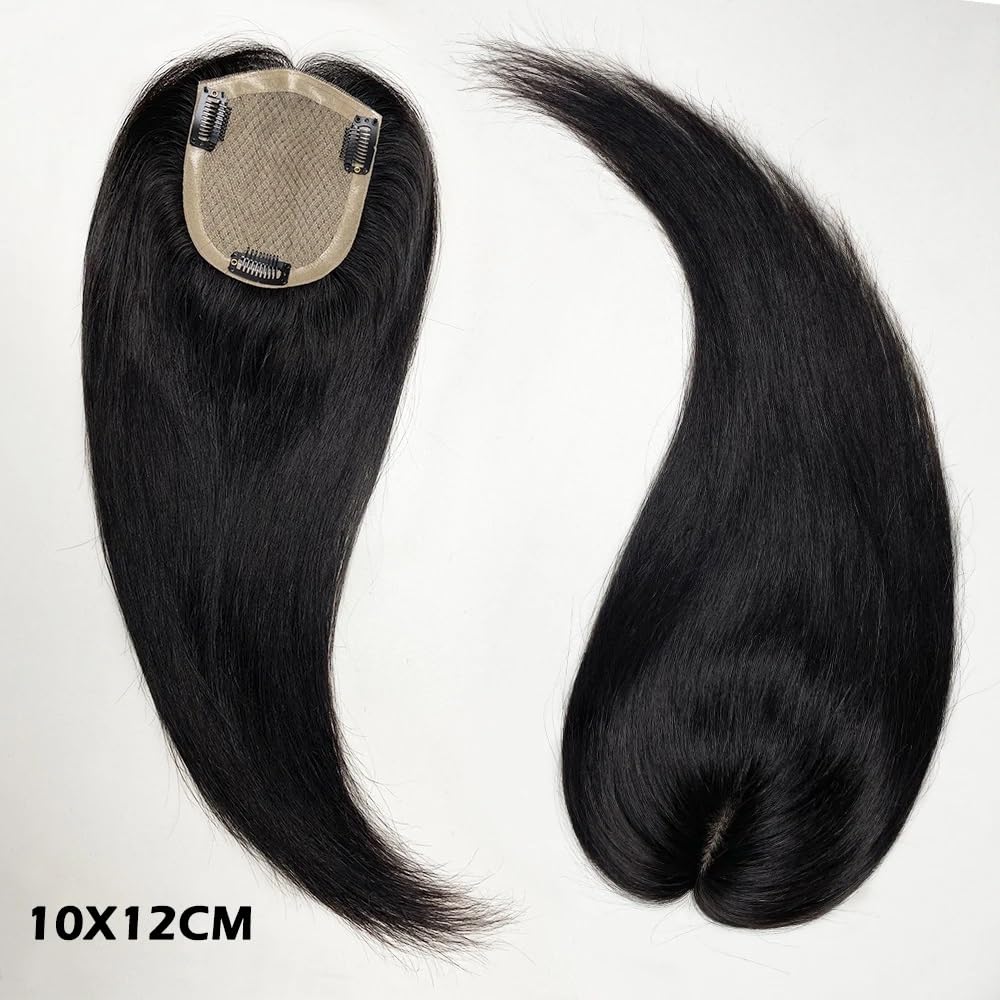 Topper for capelli umani for donne con capelli diradati, base in seta 10x12 cm Posticci da 8-18 pollici 130 densità Extension per Capelli(Dark Brown,14 inch)