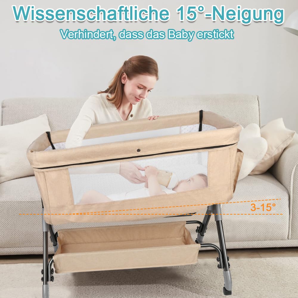 Berceau Cododo avec Matelas et Moustiquaire, Lit pour Les Bébés de 0 à 36 Mois Pliable -Berceau bébé Mobile Lit d'Appoint 4 Réglage de la Hauteur,104 * 52 * 100-110cm,Beige