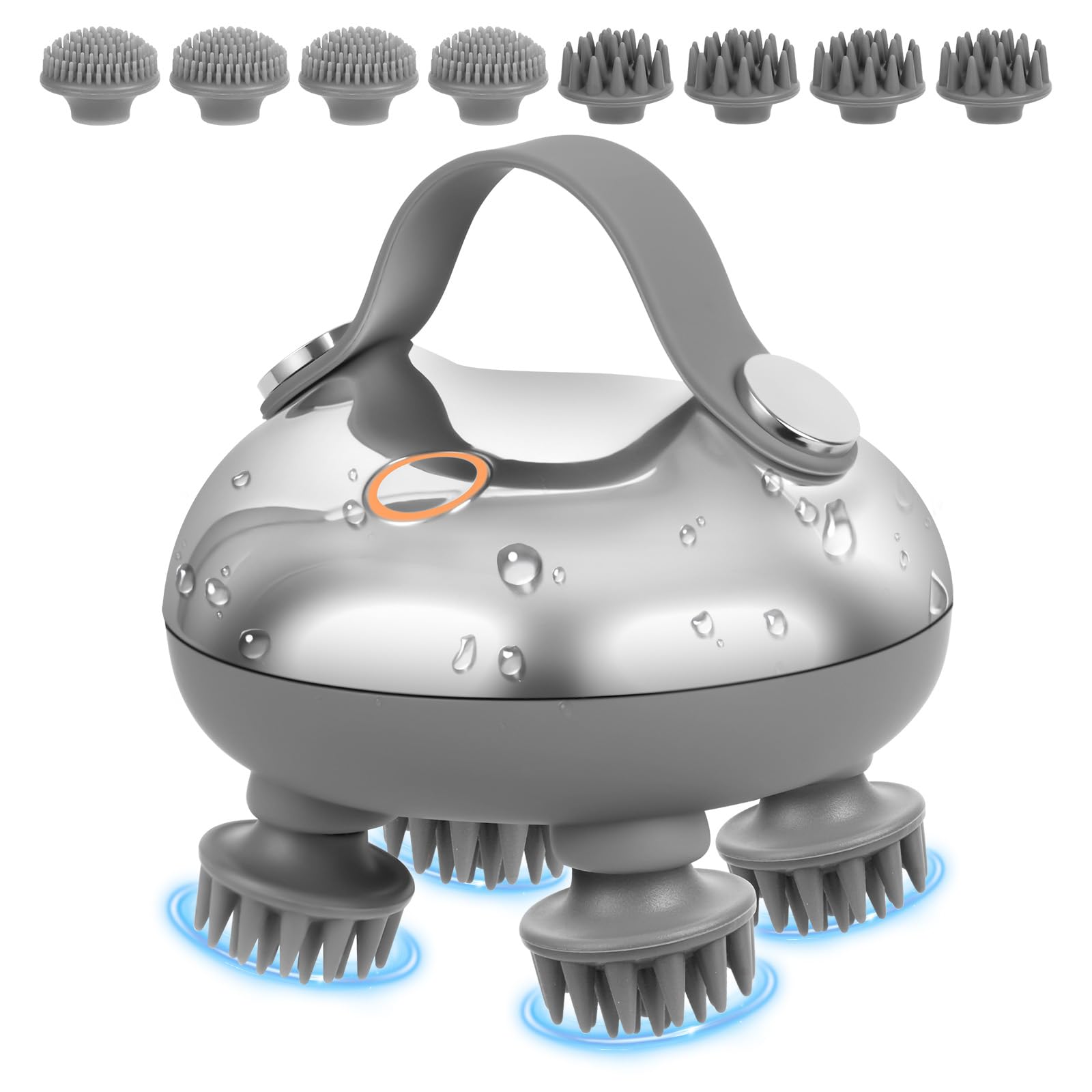 Masajeador Cabeza Electrico,Masajeador de Cuero Cabelludo y Cuerpo Portátil Recargable Impermeable, con 8 Cabezales de Masaje de Repuesto, para el Crecimiento del Pelo de Personas y Mascotas
