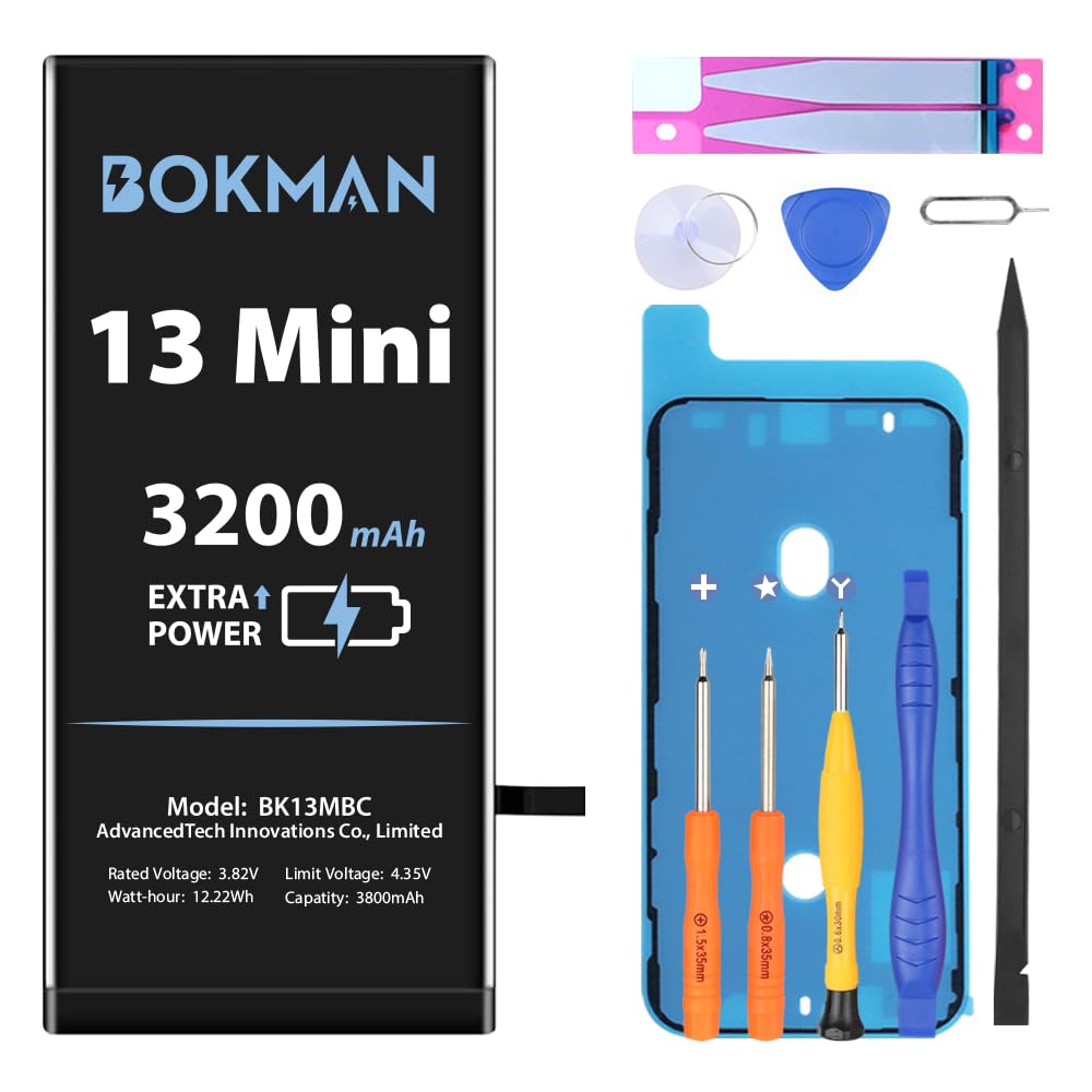 Bokman for iPhone 13 Mini バッテリー 大容量 3200mAh 0サイクルバッテリー 交换 修理キット付属 PSE 認証 専門標準工具セット パーツ ブラック