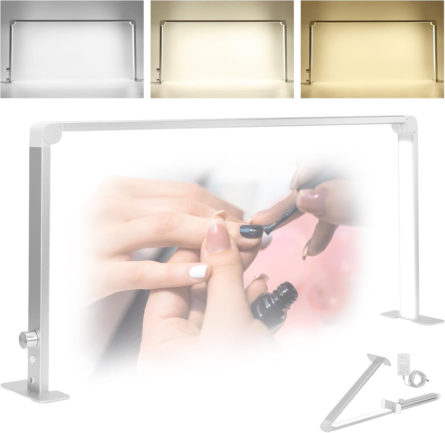 Halbmond-Lampe 80cm Nail Desk Lampe 3 Modi 3000K-6000K Dimmbare LED Maniküre Licht, Nageltisch Lampe, Schreibtischlampe für Nail Tech, Wimpernverlängerung, Tattoo, Augenbrauen