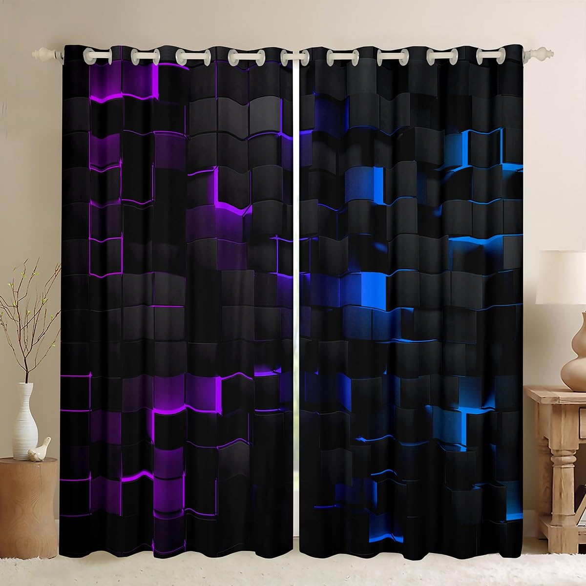Homewish Black Checkered Window Curtains 2 Panel Sets 66 x 90 Inch, 3D Geometric Cube Design Blackout Curtains for Bedroom Living Room, Abstract Gradient Purple And Blue Window Treatments Drapes