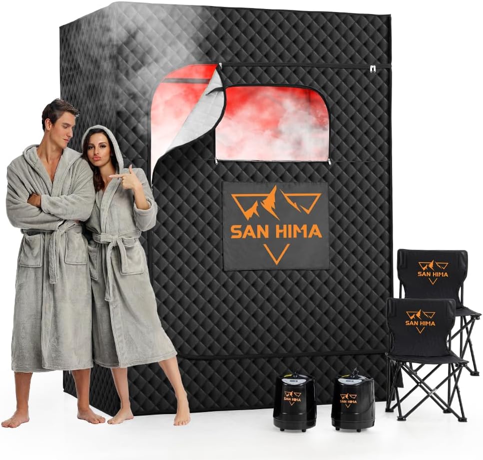 SAN HIMA Portable Sauna for Home - 2 Person Red Light Therapy Steam Sauna Box at Home Spa with 3L 1500W Steamer, 9 Levels Heat, 90 Minute Timer, Foldable Chair, Remote Control for Indoor Outdoor