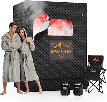 SAN HIMA 2 Person Portable Sauna for Home, Steam Sauna Box with Red Light Therapy, 3L 1500W Steamer, 9 Heat Levels, 90 Minute Timer, Foldable Chair, Remote Control, Indoor Home Spa Sauna Tent