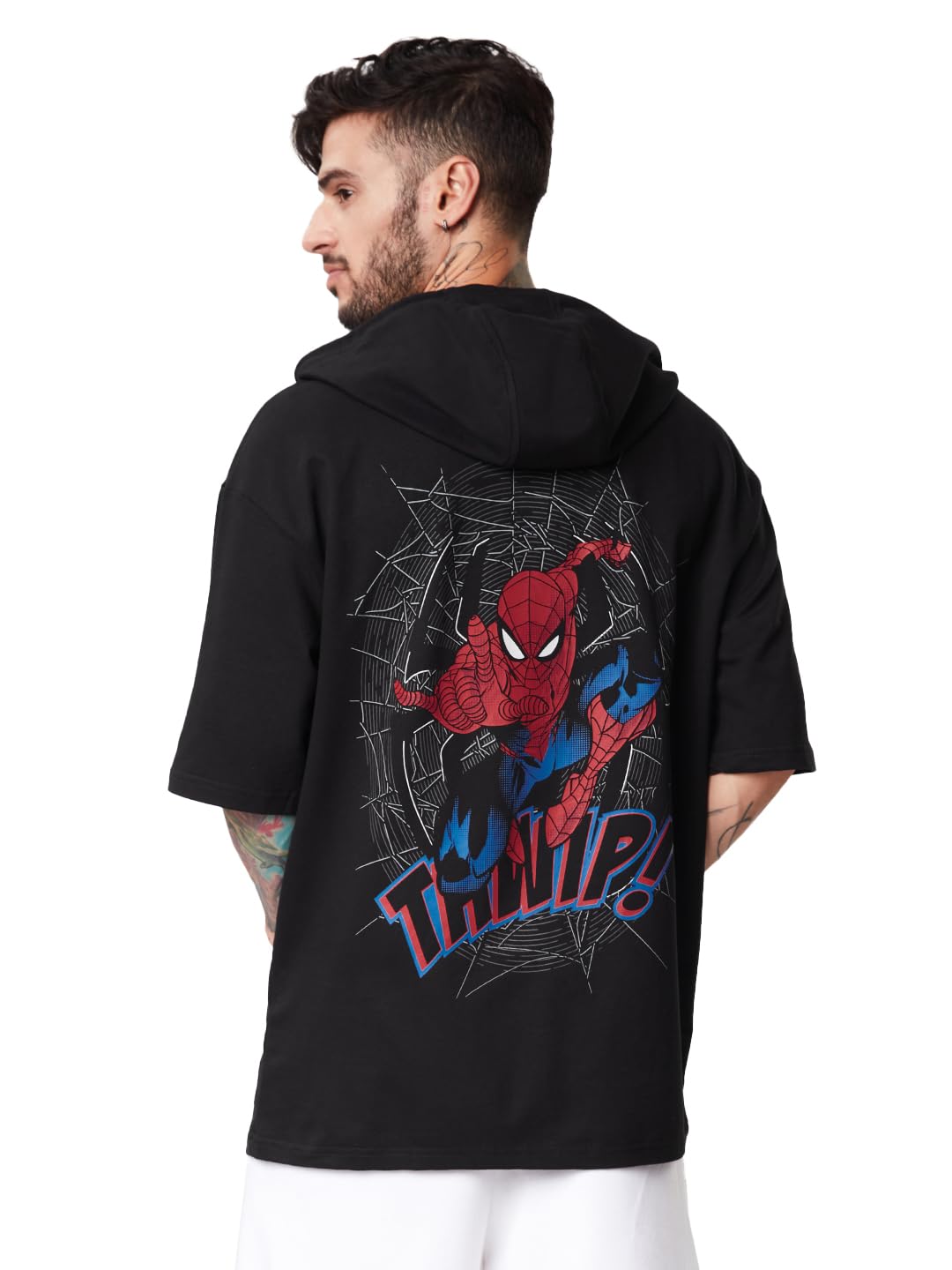The Souled Store| Official Spider-Man: Thwip Mens and Boys T-Shirts|Half Sleeve|Loose fit Graphic Printed|100% Cotton Black Color Hooded T-Shirts
