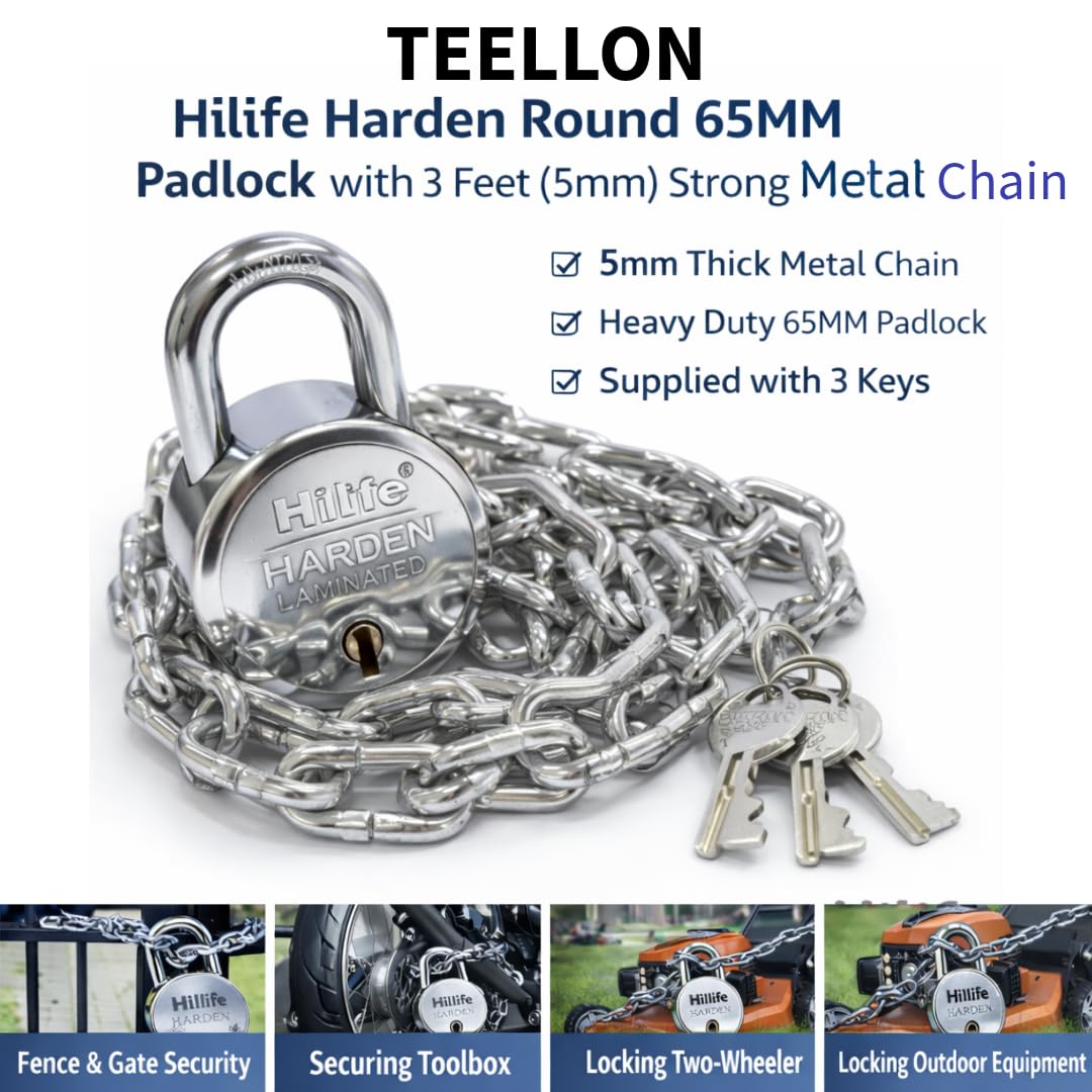 TEELLON® HiLife Harden-65 Round Padlock with 3 Feet (5mm) Heavy Duty Strong Metal Chain with Lock 8 Steel Levers, Double Locking Lock with 3 Keys for Home Main Door, Channel Gate Shutters/Godowns — Amazon image 5