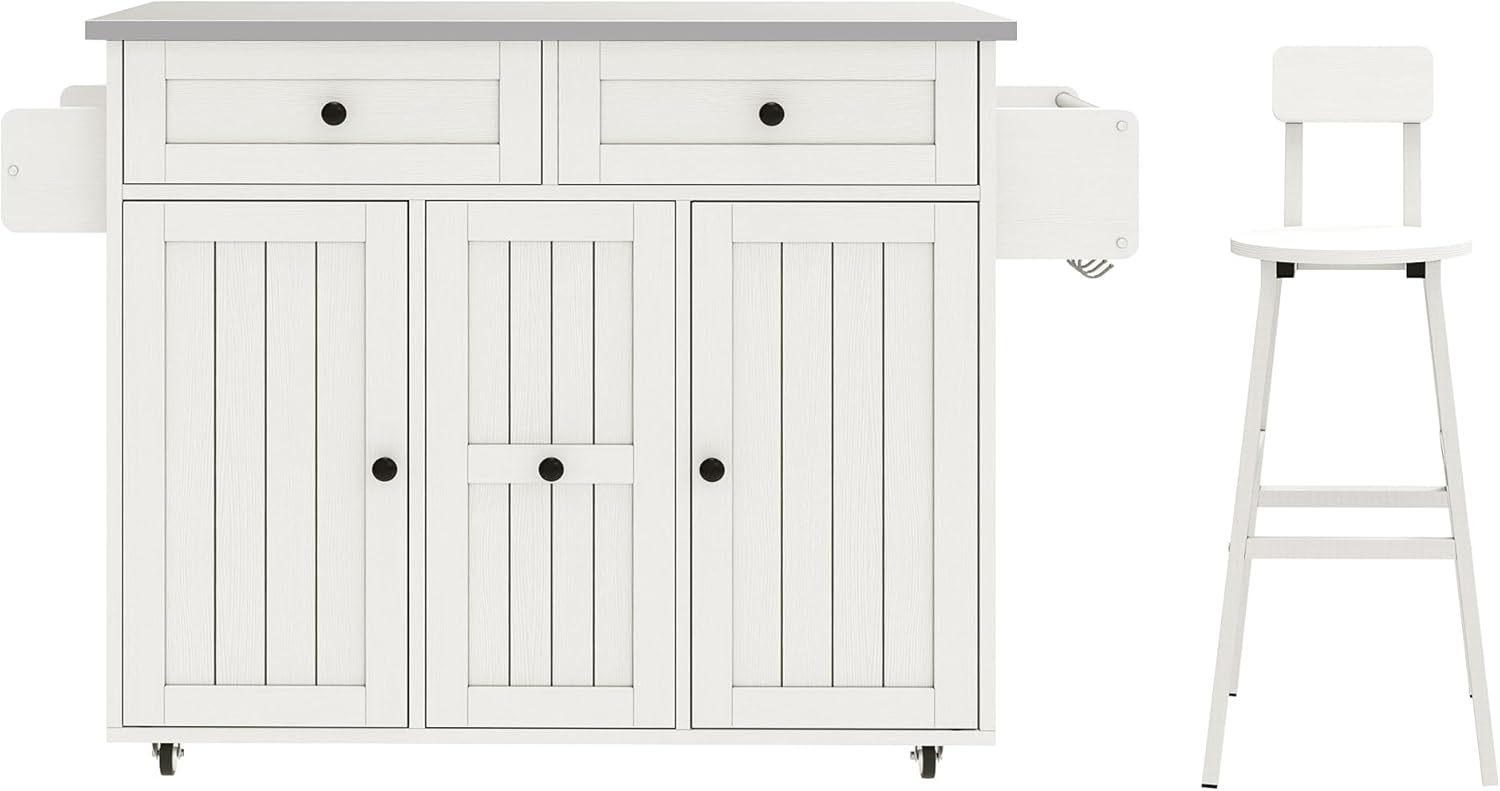 DWVO Kitchen Island with Seating, Mobile Kitchen Storage Island with Drop Leaf Countertop, Large Kitchen Island Table with Drawers, Cabinets, Bar Stools, Towel Rack and Spice Rack, White