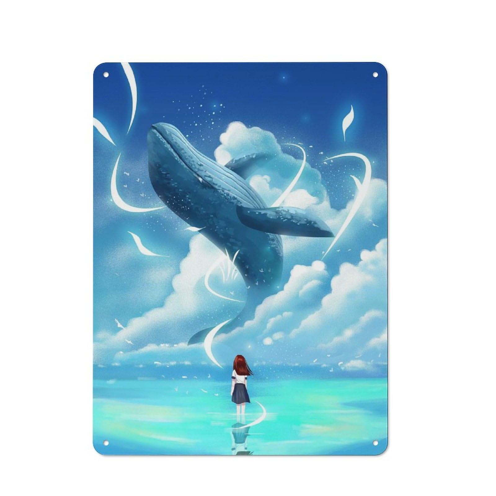 Metal Wall Art Sign with Little Girl Whale Fish Design 40x30cm, Urban Industrial Wall Decor for Workspace, Cafe, Hallway Or Garage