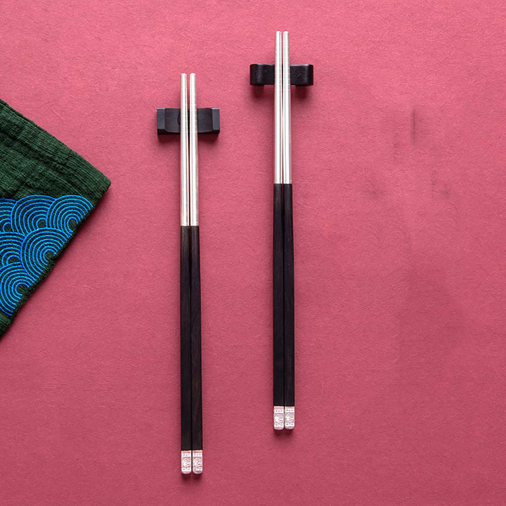 Essstäbchen-Geschenkset aus 999er Sterlingsilber, Ebenholz, 1 Paar Wiederverwendbare Essstäbchen mit Halter für Sushi, Nudeln, Hot Pot, Premium-Box, spülmaschinenfest-B (A)