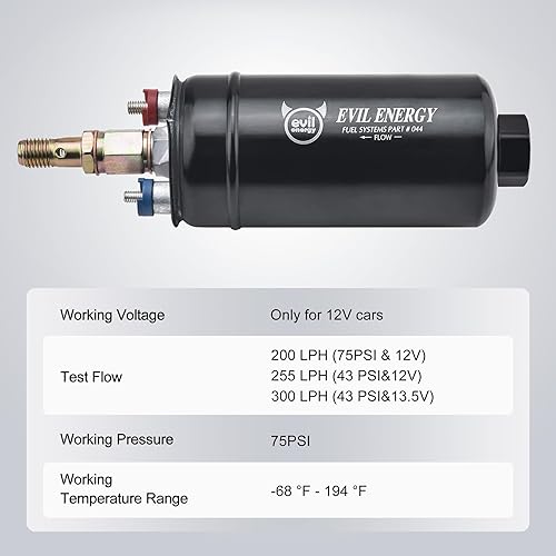Miniatura 2 de EVIL ENERGY Bomba de combustible en línea externa eléctrica 300LPH de alto flujo 12V con abrazadera de soporte de 2.362 in negro