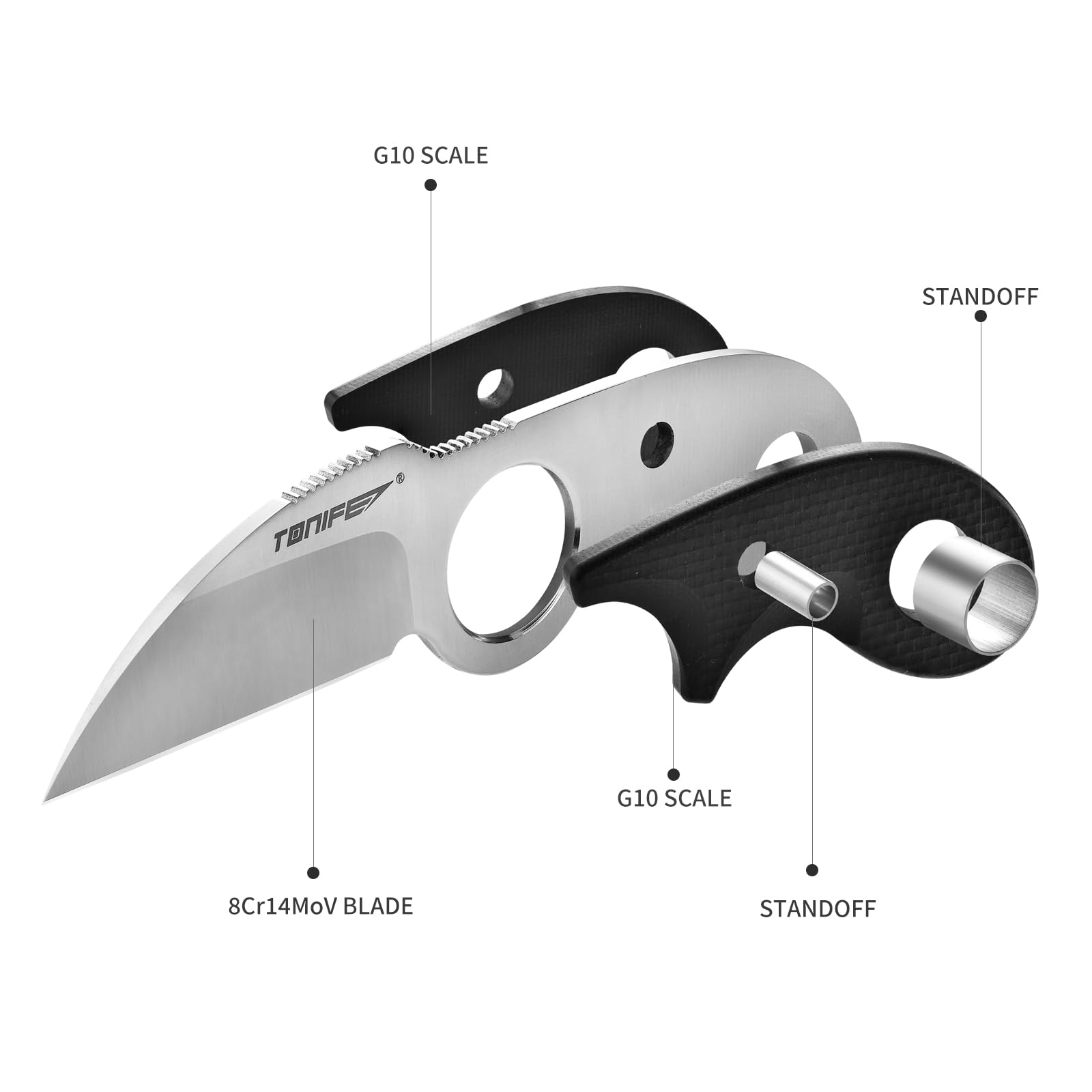 TONIFE Crescent Cuchillo de Cuello Cuchillo al Aire Libre de Hoja Fija 8Cr14MoV Acero con Funda de Cordón y el Clip de Full Tang Cuchillo de Supervivencia (Negro+Satén)