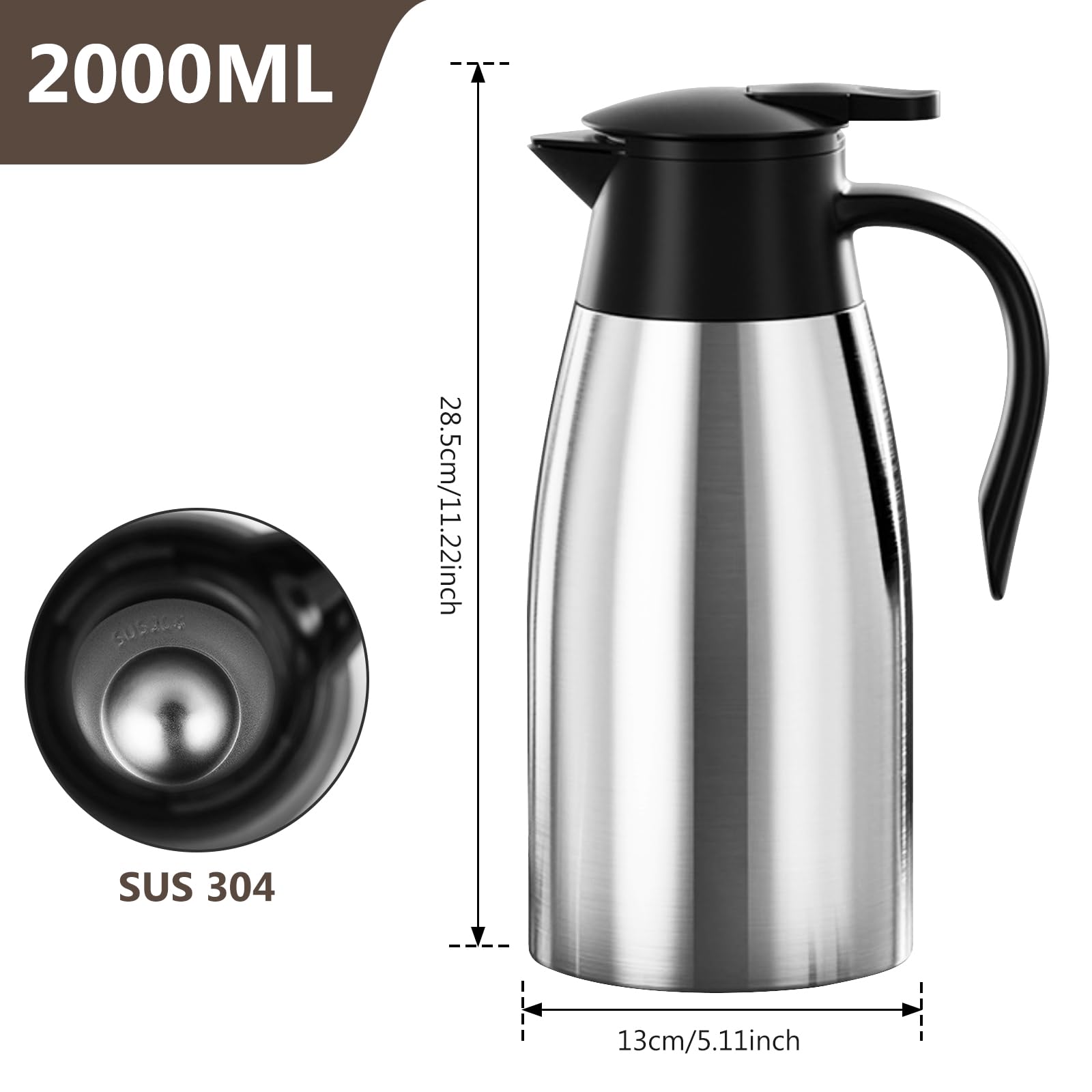 2 L Caraffa Termica, Caraffa Per Caffè, Thermos In Acciaio Inox, Mantiene Caldo Per 24 Ore, Thermos Sottovuoto A Doppia Parete Per Mantenere Calde Le Bevande Bollitori, Teiere E Caffettiere