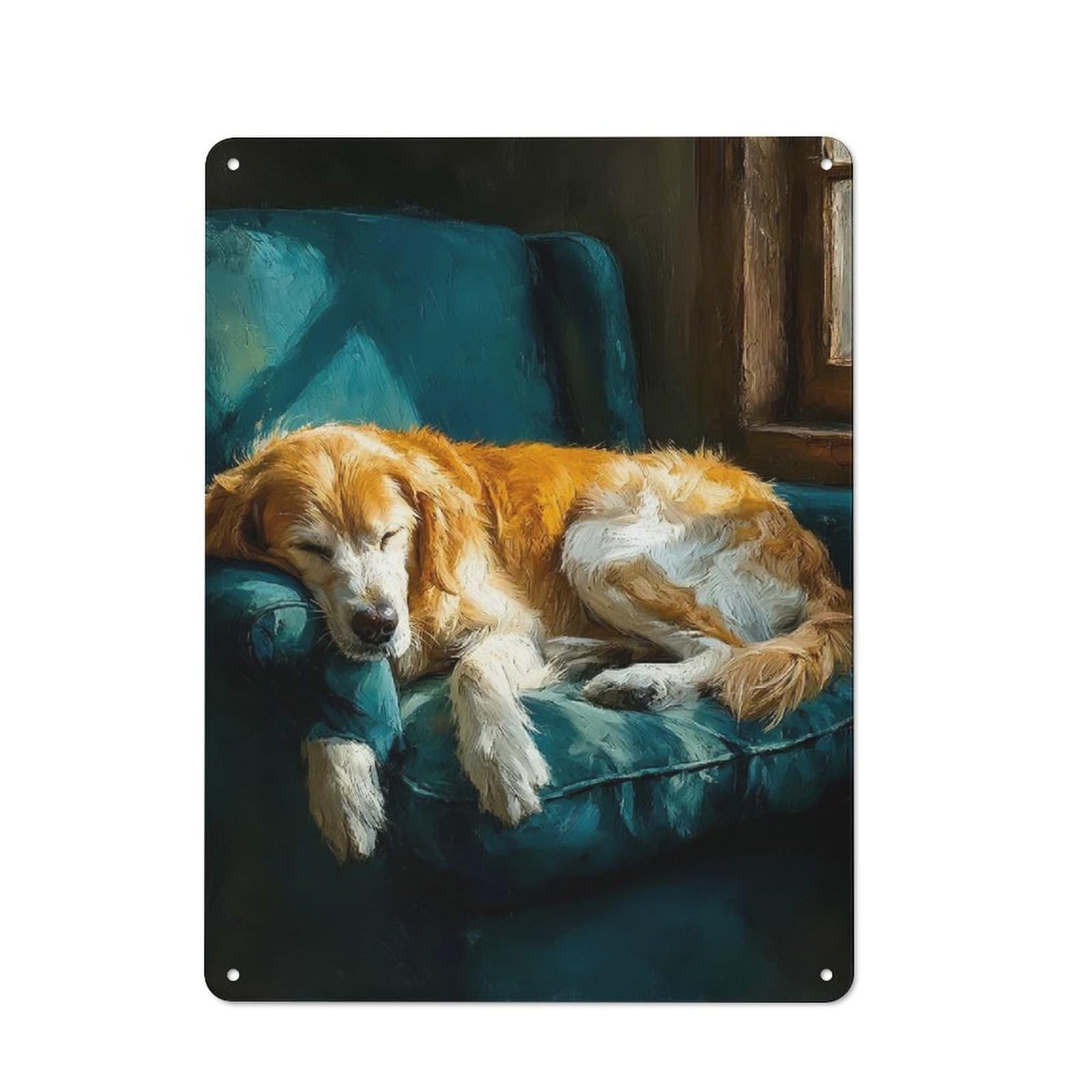 Junmoney Style-16 Industrial Metal Sign With Golden Retriever Dog Sleeping On Teal Armchair Design 40X30cm, Modern Retro Loft Wall Plaque For Workspace, Cafe, Hallway Or Garage