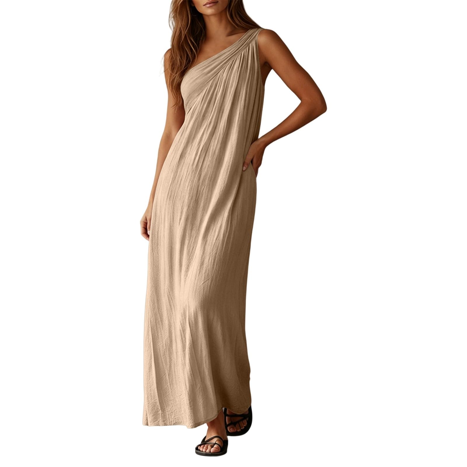 Vestido de verano para mujer, sin mangas, cuello asimétrico, vestido de playa, fino, de secado rápido, vestido largo de muselina, vestido elegante con tirantes, vestido midi para vacaciones y lounge