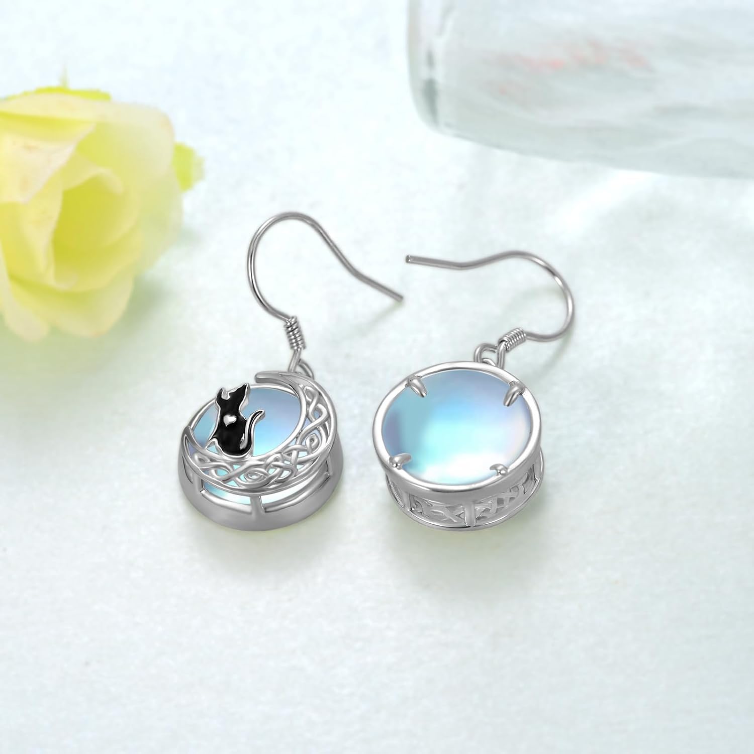 Black Cat Earrings 925 Sterling Silver Moonstone Cat Dangle Earrings Cute Animals Jewelry Gifts for Women - Image 3