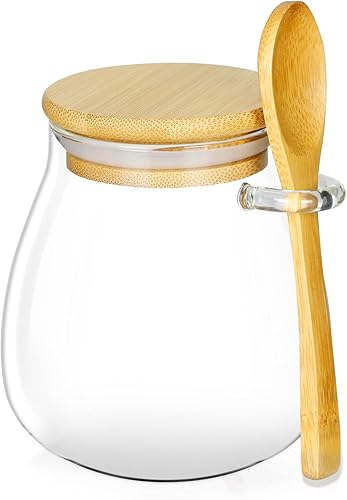 holoith Contenedor de azúcar con tapa y cuchara de bambú, tarro de vidrio para azúcar de 15 onzas para accesorios de cafetería, recipiente de café,