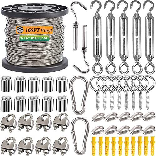 Roxanned 1/16" Wire Rope Kit, 165ft 304 Stainless Steel Cable 7x7 Strand Core, Vinyl Coated Aircraft Cable with Turnbuckle | Easy Install for Outdoor String Lights Hanging, Garden, Craft & Support by Roxanned - Used condition - US$26.80