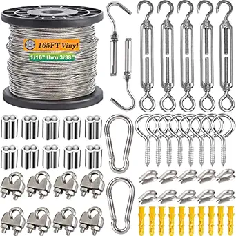 1/16 Wire Rope Kit 304 Stainless Steel Wire Cable, 7x7 Strand Core 165ft Vinyl Coated Aircraft Cable with Turnbuckle Wire Tensioner,Crimping Loop Sleeve for String Light Hanging,Garden Wire