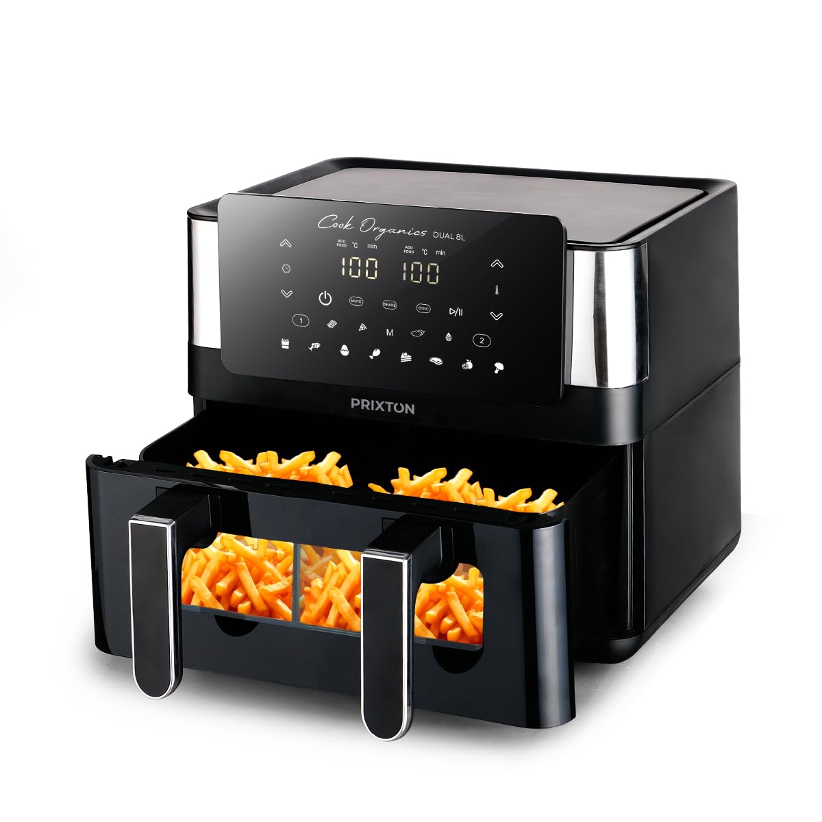 PRIXTON Freidora de aire sin aceite 8 litros con doble compartimento Cook Organics Dual, Ventana transparente, Iluminación interior, Pantalla táctil, Pared Divisoria (Reacondicionado)