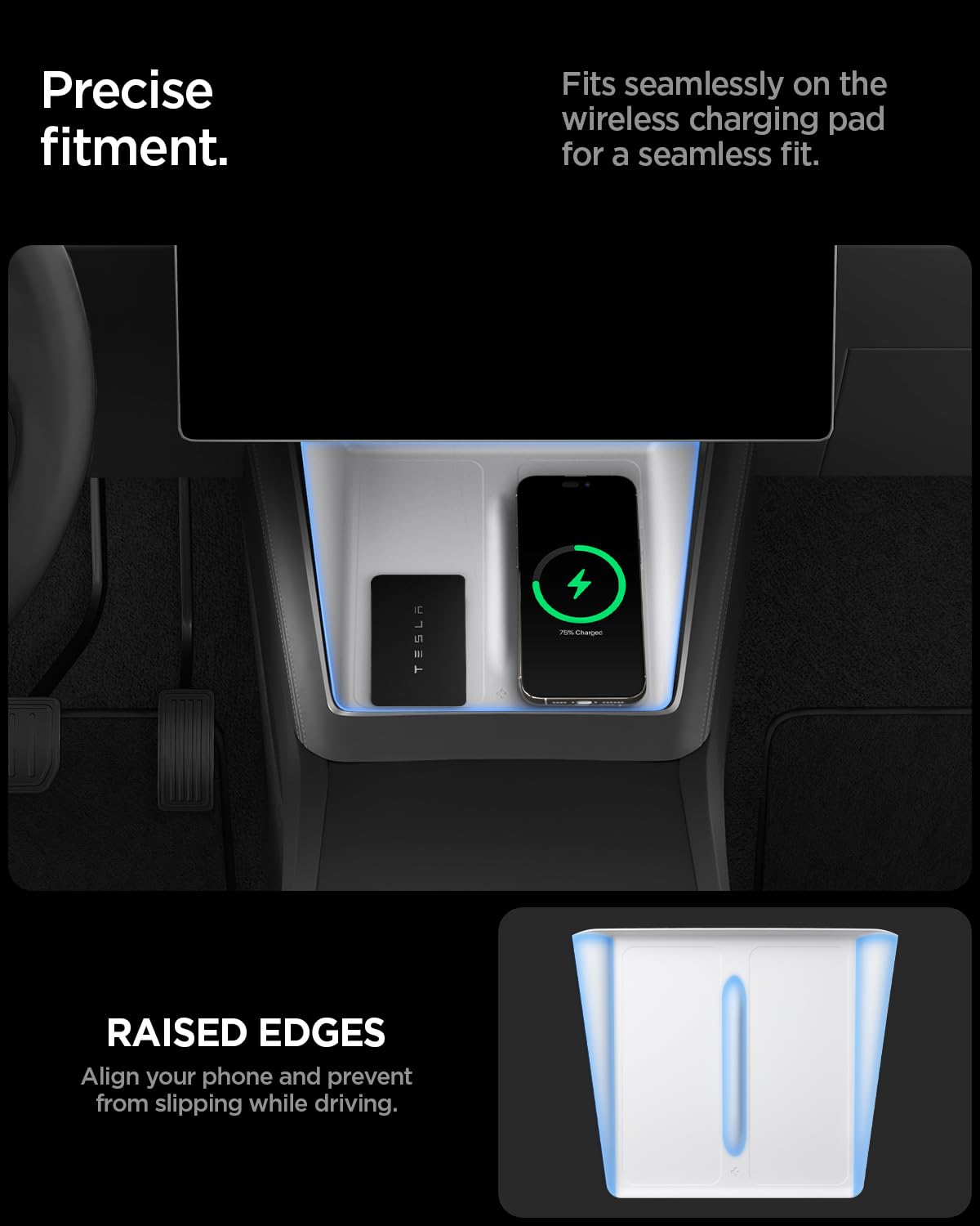 Spigen Ultra-Thin Wireless Charging Pad [Unobstructed Charging] Protective Silicone Mat Cover Accessories for 2025-2026 Tesla Model Y Juniper Premium/Performance - White