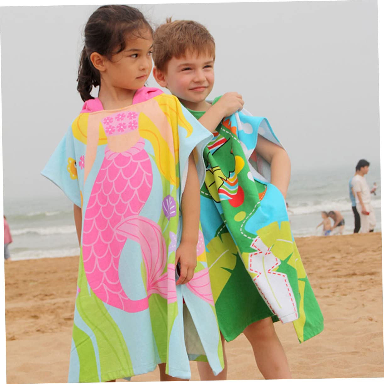 Capa de Playa para Niño de Algodón Capucha y Dibujo de Sirena
