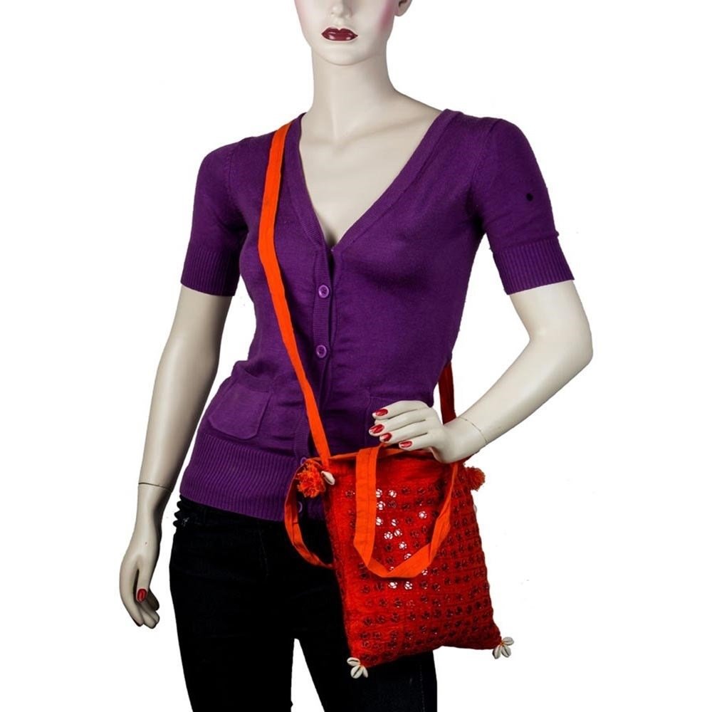 Little India Vibrant Orange Mirror Work Sling Bag 10"x12"x2" - Image 3 thumbnail