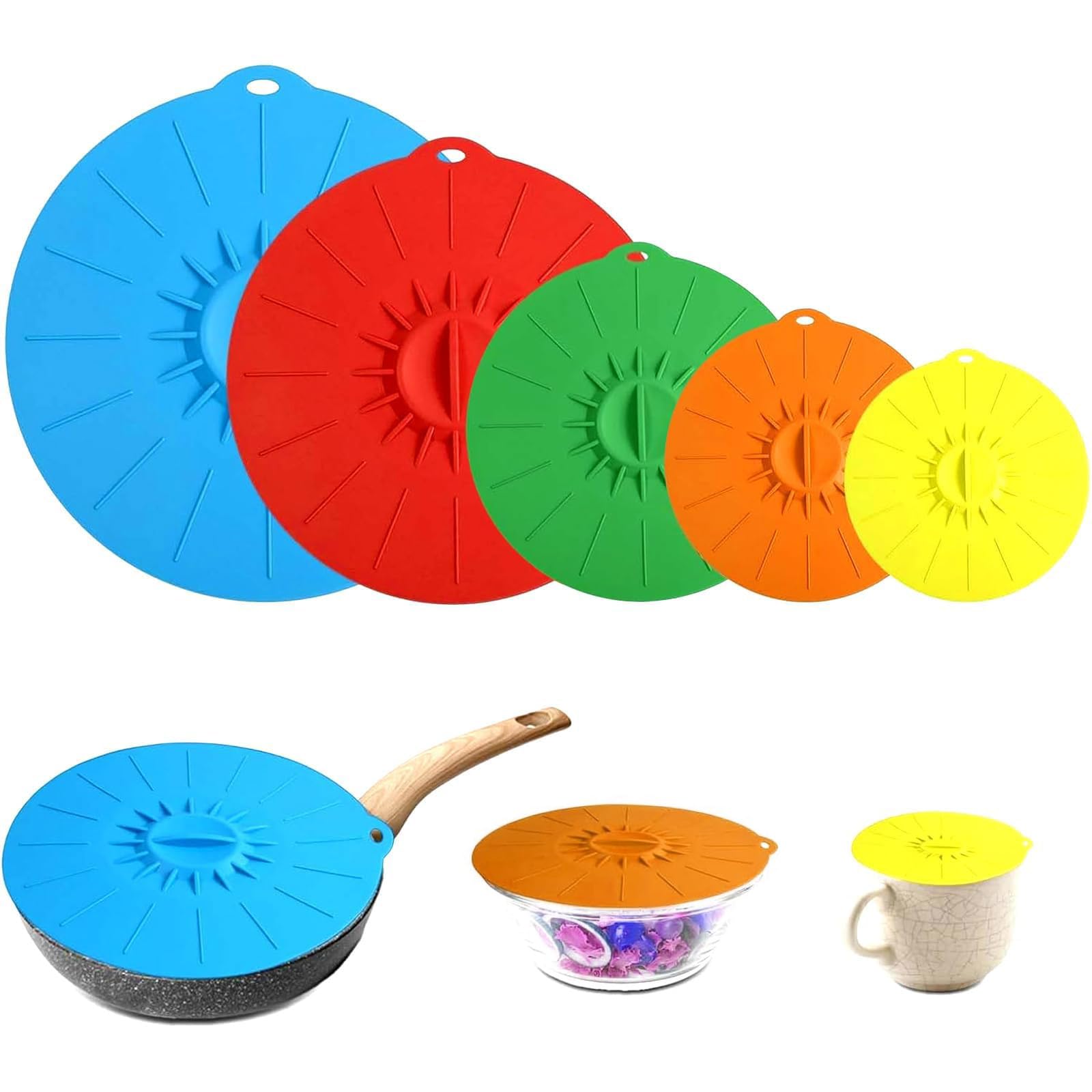 5 Pezzi Coperchi in Silicone, Coperchi Universali in Silicone, Coperchi A Ventosa, Per Ciotole, Tazze, Padelle e Forni a Microonde (Colore Regolare)