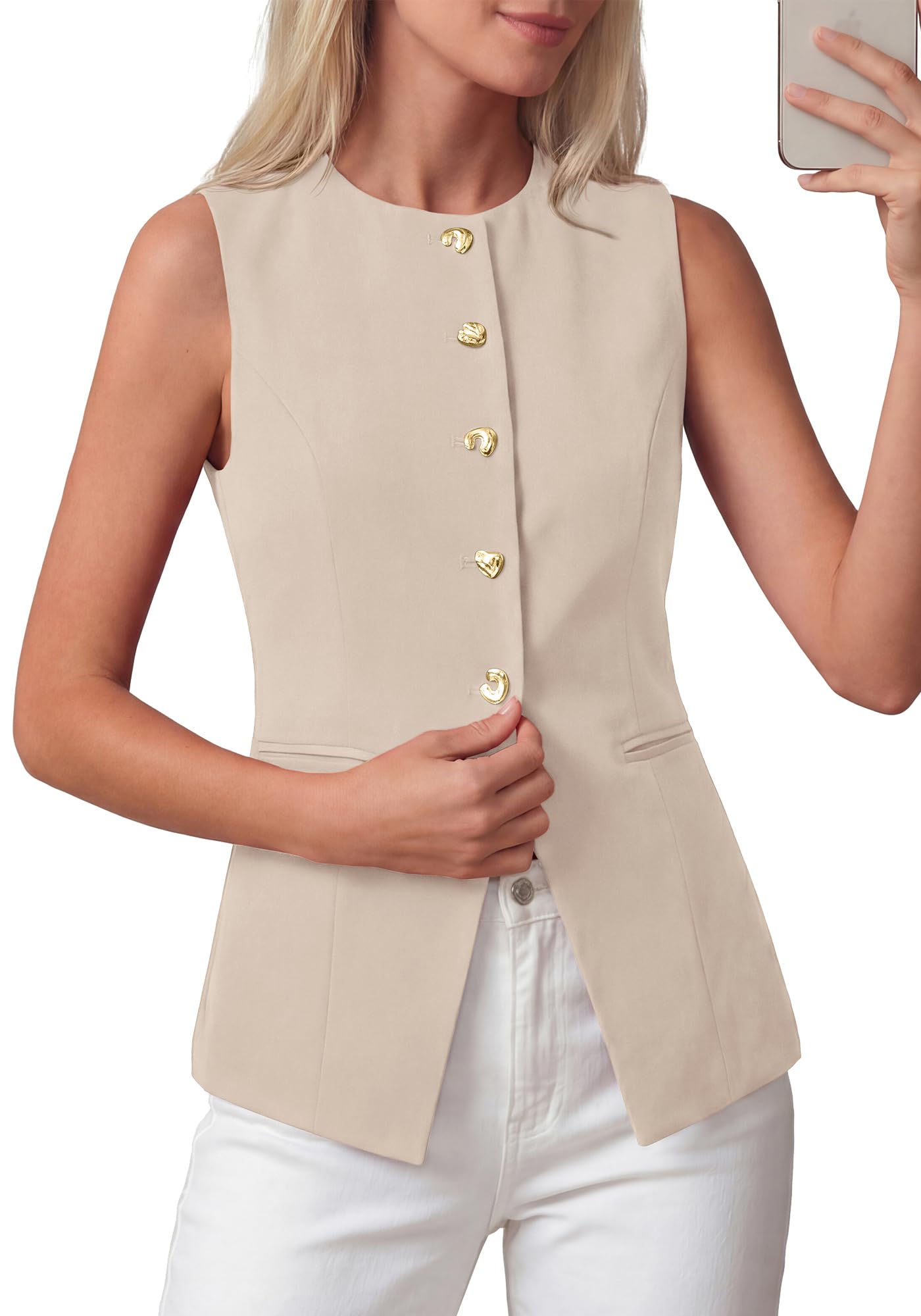 Blazers for Women Vest Tops Business Casual Outfits Button Down Sleeveless Pockets Office Work Clothes Spring 2026-image-11