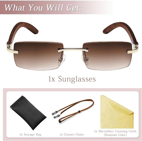 Rectangular Rimless Sunglasses, Wooden Temples, Classic Retro Wooden Sunglasses, UV400 Protection, Transparent Gradient Lens, Vintage Eyewear with Eyeglasses Straps Chain, Anti Glare Glasses