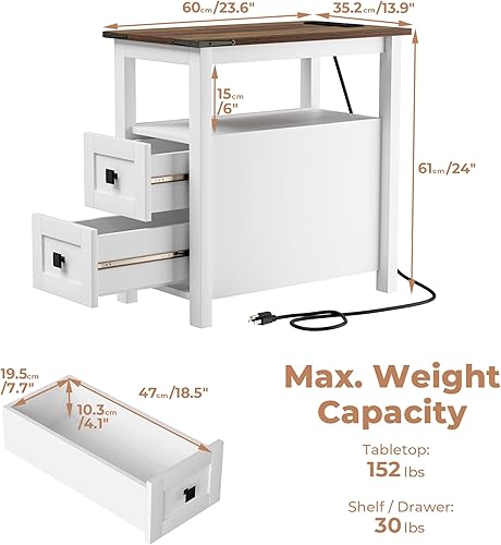 Miniatura 2 de VVFLU Mesa auxiliar de granja con estación de carga y 2 cajones de almacenamiento, mesita de noche de madera blanca estrecha, mesa auxiliar delgada