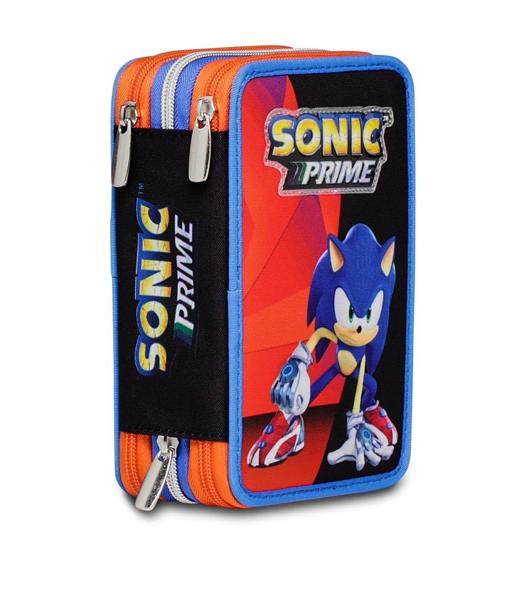 Seven Astuccio Scuola 3 Scomparti Sonic, Nero, Completo di Matite Pennarelli, Accessori Zaino, Bambino, Scuola Elementare