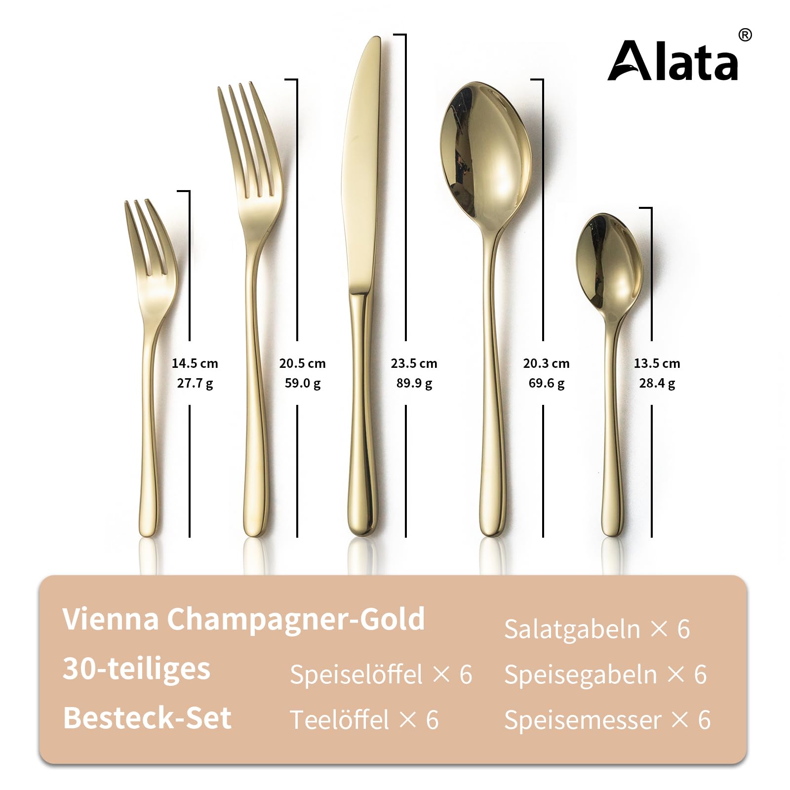 Alata Vienna 18/10 Edelstahl Poliert, Besteck Set 6 Personen Champagner Gold, Essbesteck 30 teilig, Glänzend, Spülmaschinenfest