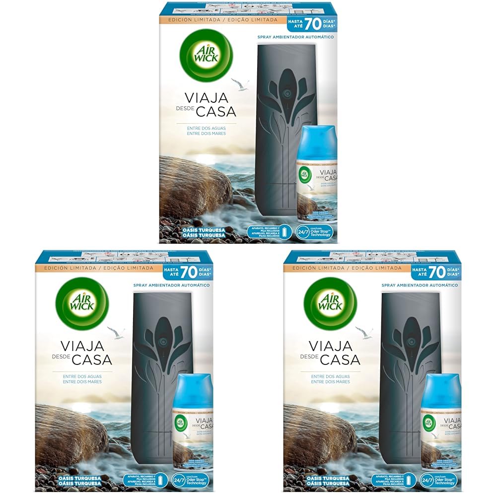 Air Wick Freshmatic 1 Aparato y 1 Recambio de Ambientador Spray Automático, Esencia con Aroma a Oasis Turquesa, Colección Viaja des de Casa - Negro (Paquete de 3)
