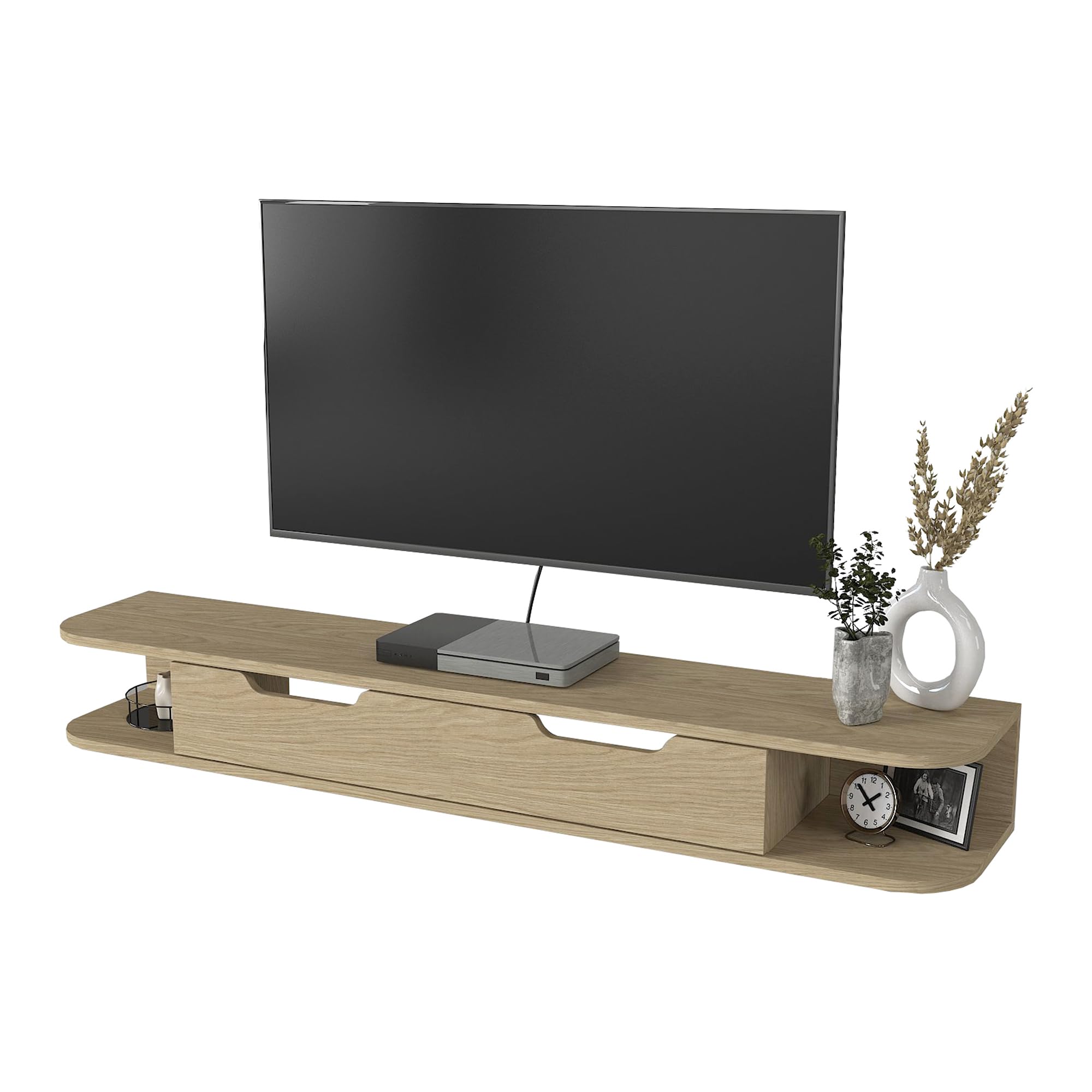 [en.casa] Mobile Porta TV da Parete con Anta a Ribalta e 2 Ripiani Mensola Sospesa con 3 Scomparti Vani Stand Multimediale Fori Passacavi 150 x 30 x 19 cm - Effetto Rovere